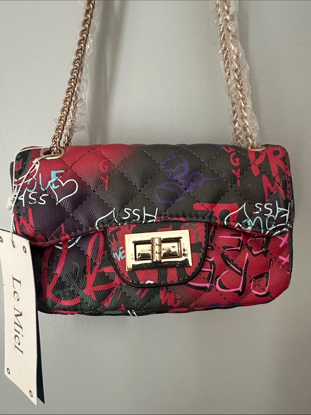 NWT Le Miel Quilted Graffiti Crossbody Shoulder Bag Purse